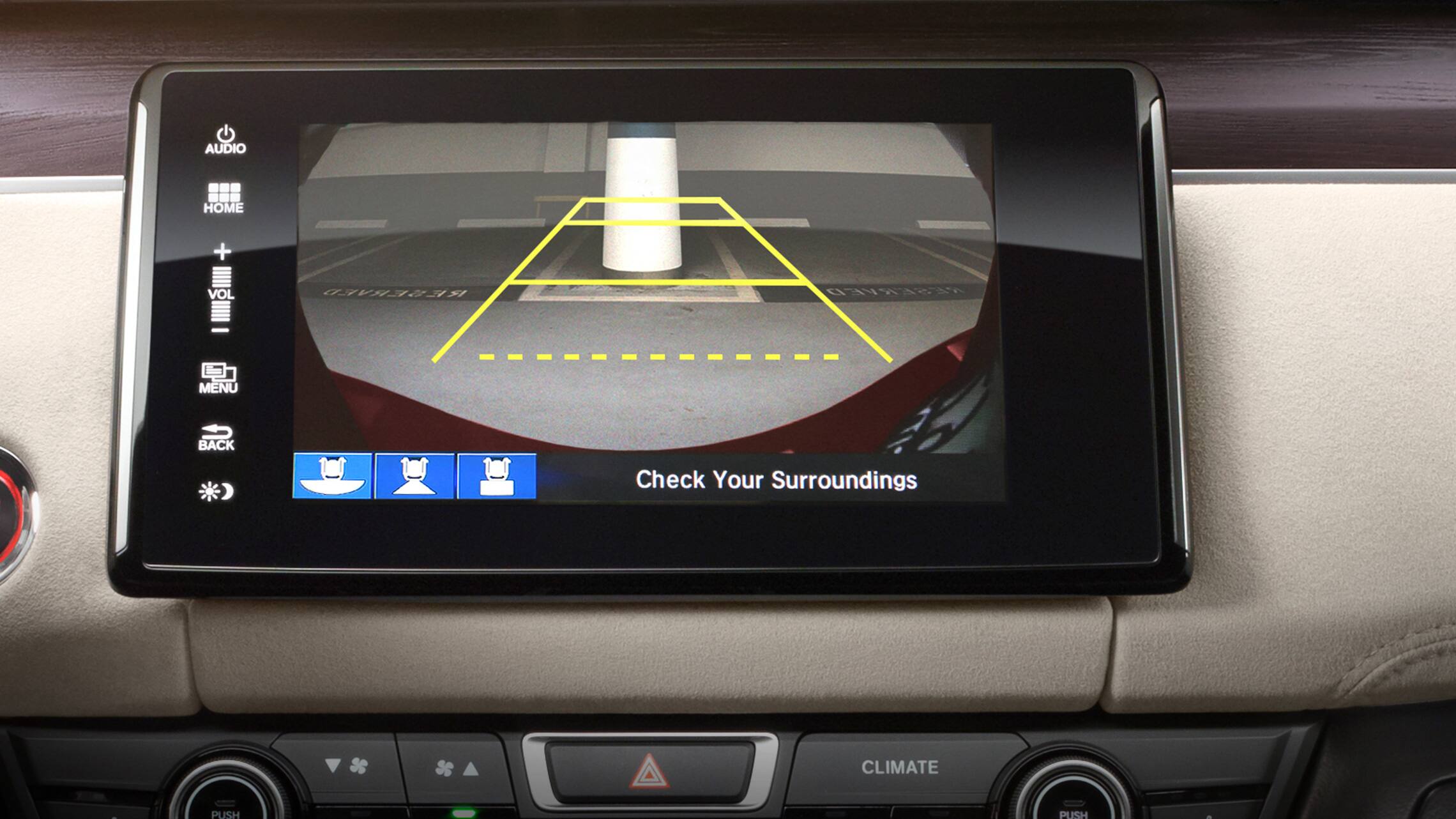 Detail of the multi-angle rearview camera guides on 8-inch Display Audio touch-screen.
